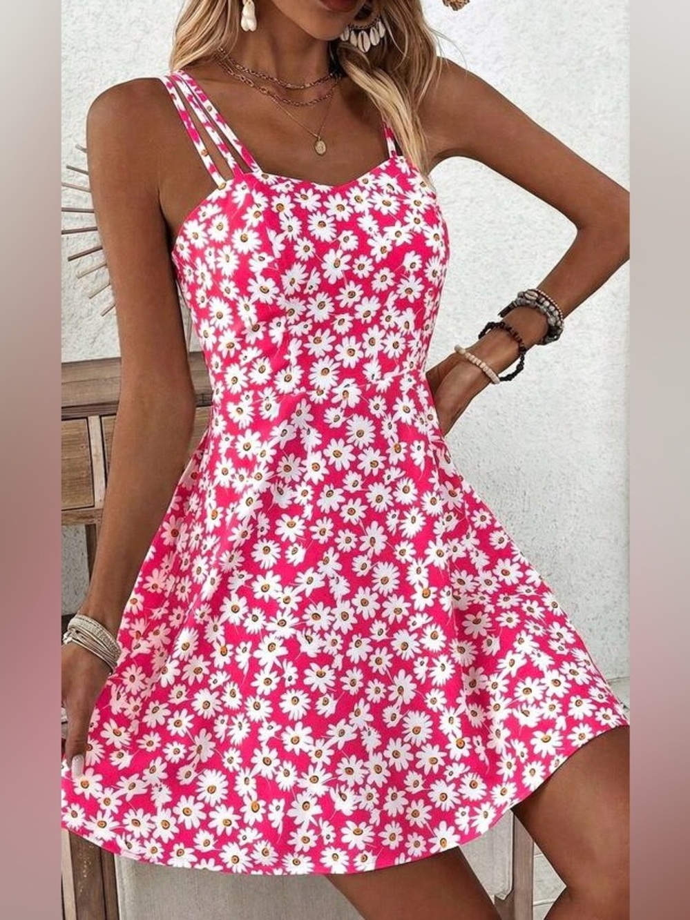 Pink Daisy Print Summer Dress